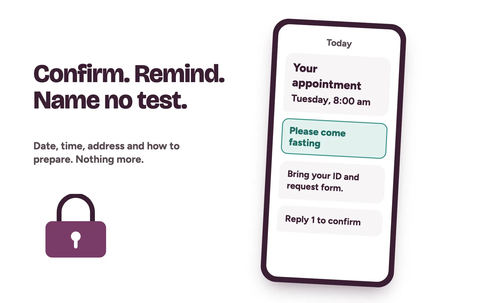 A booking confirmation for a health check with date, time and fasting reminder, naming no test