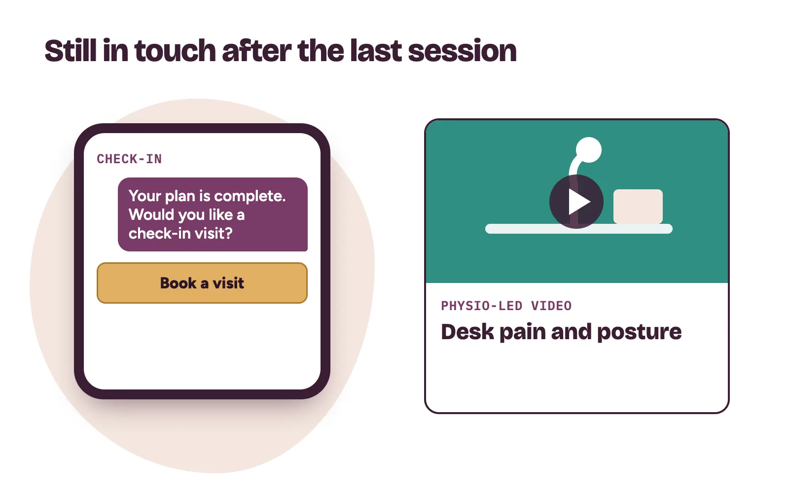 A check-in message after a finished physio plan on a phone next to a physio-led video card about desk posture