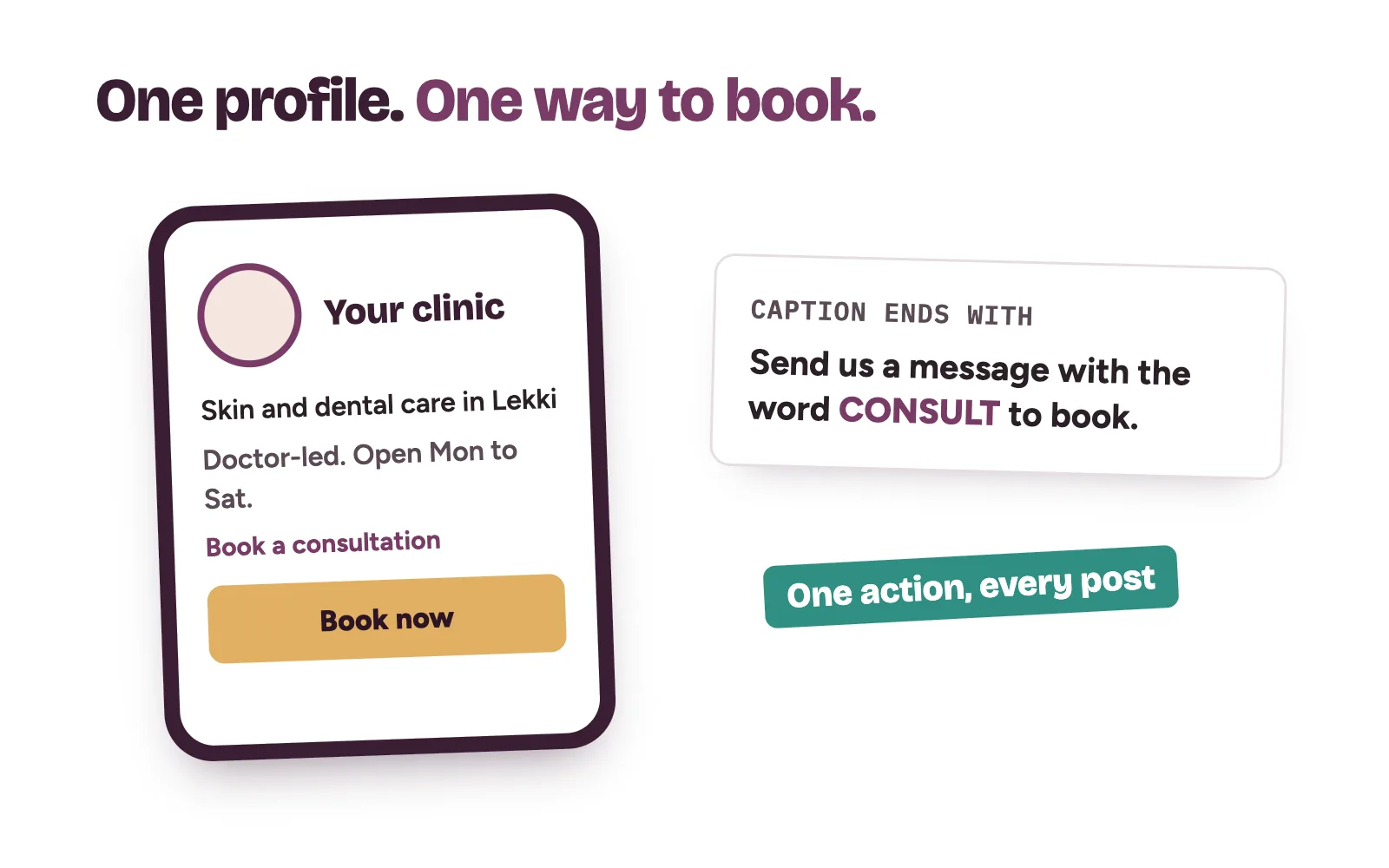 A clinic Instagram profile with a plain bio, one booking link and a caption that ends with one action
