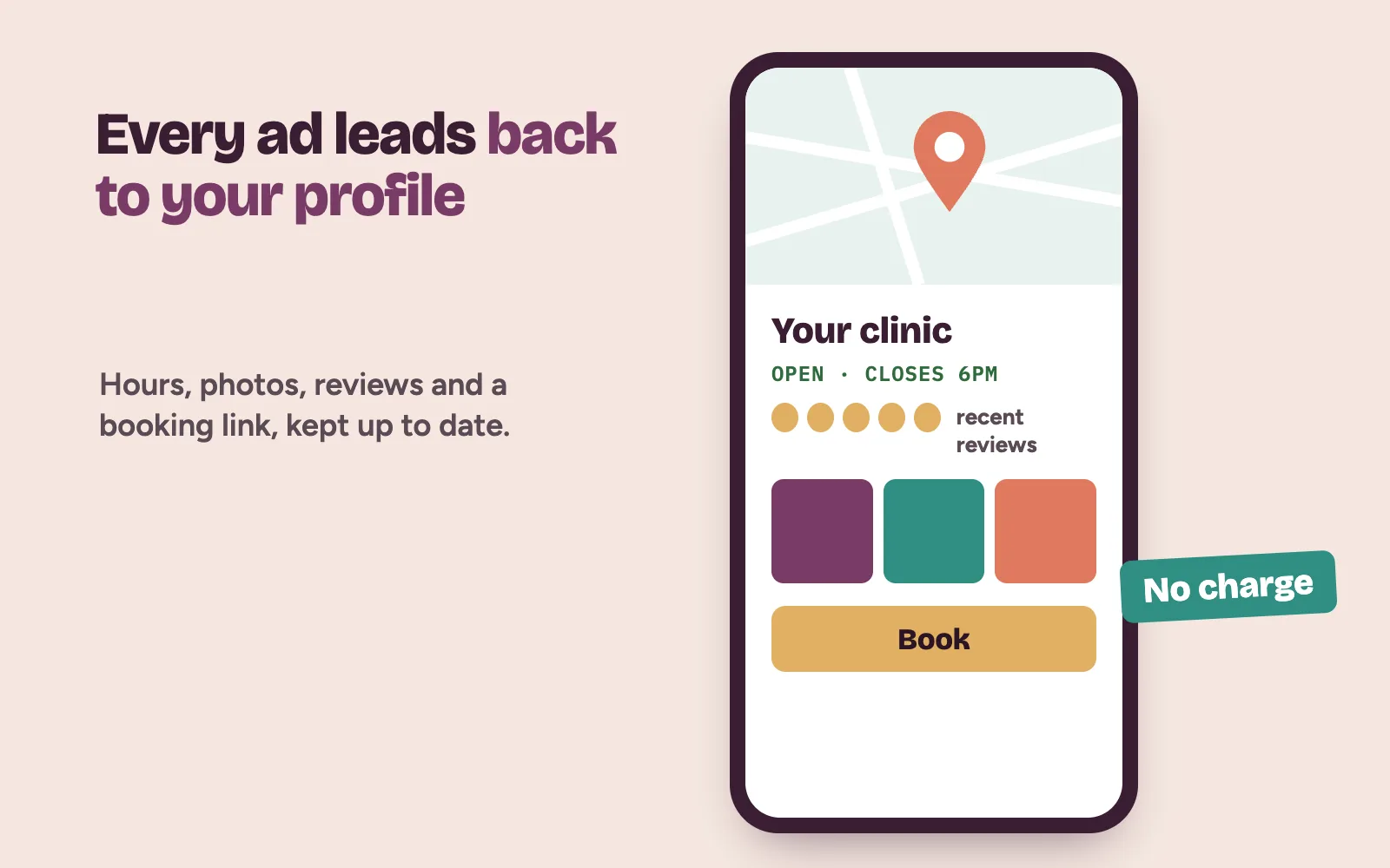 A clinic's Google Business Profile on a phone with hours, reviews and a book button