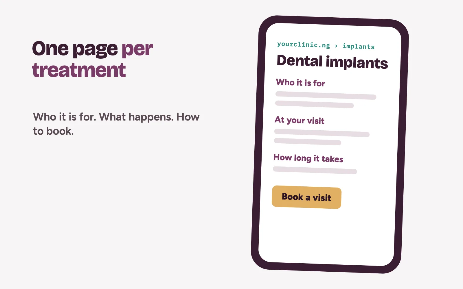A clinic treatment page on a phone with who it is for, what happens at the visit and a book button
