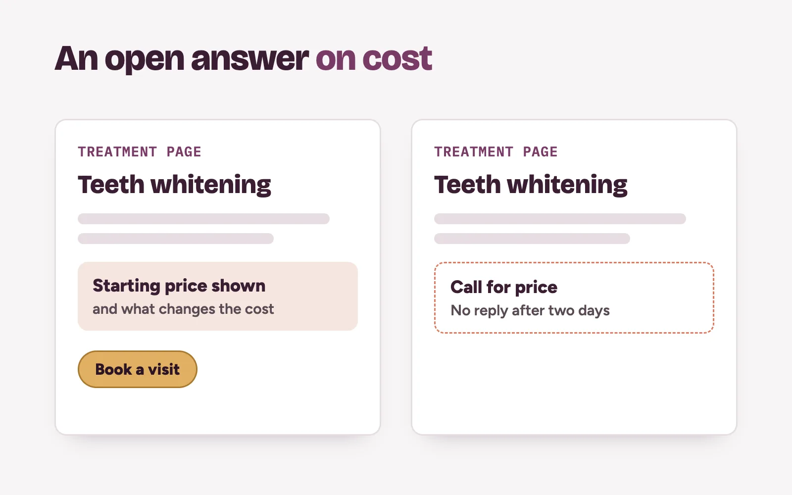 A clinic treatment page with a starting price and a booking button next to one that only says call for price