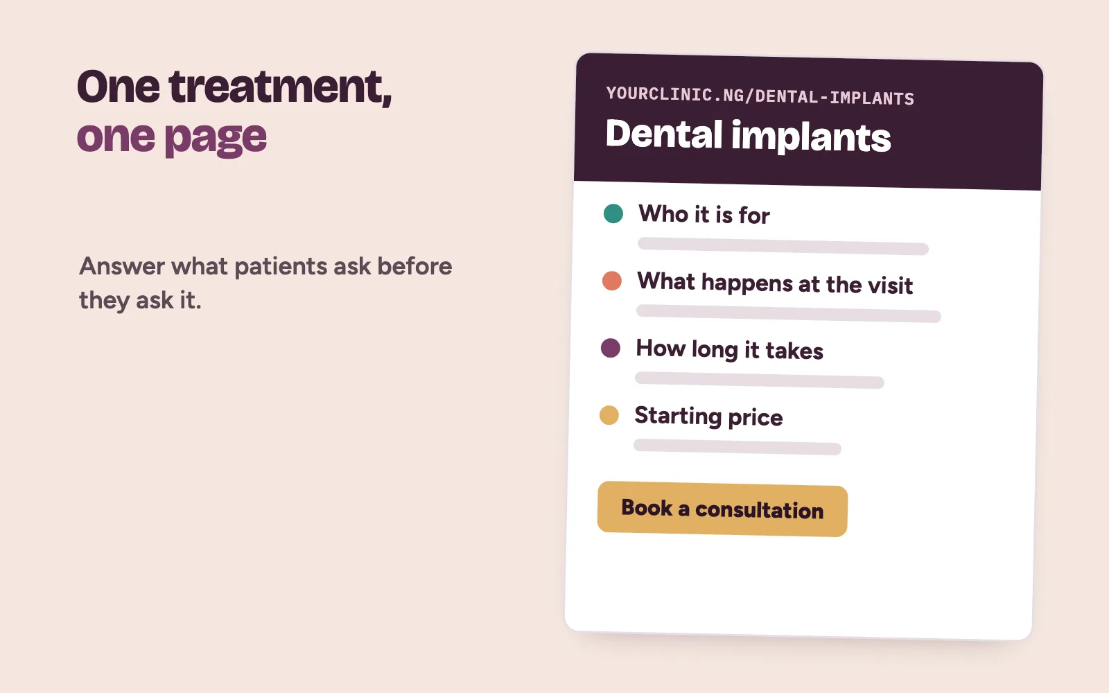 A clinic treatment page with who it is for, what happens, starting price and a book button