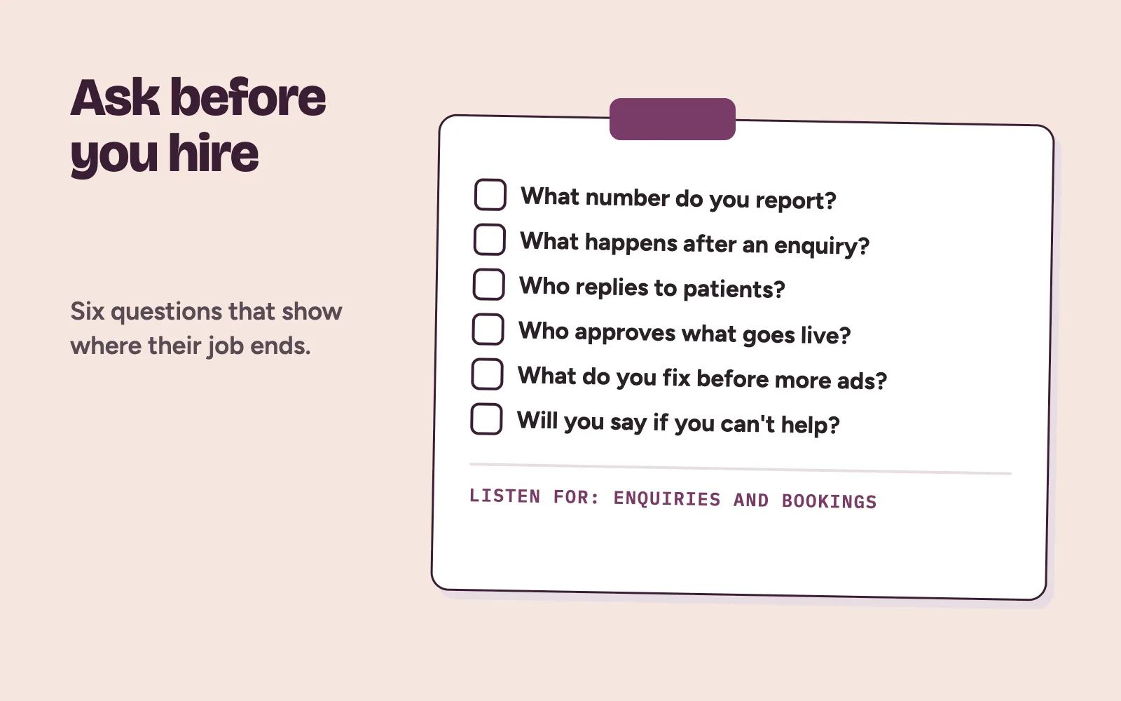 A clipboard of six questions a clinic owner asks before hiring a marketer or clinic growth partner