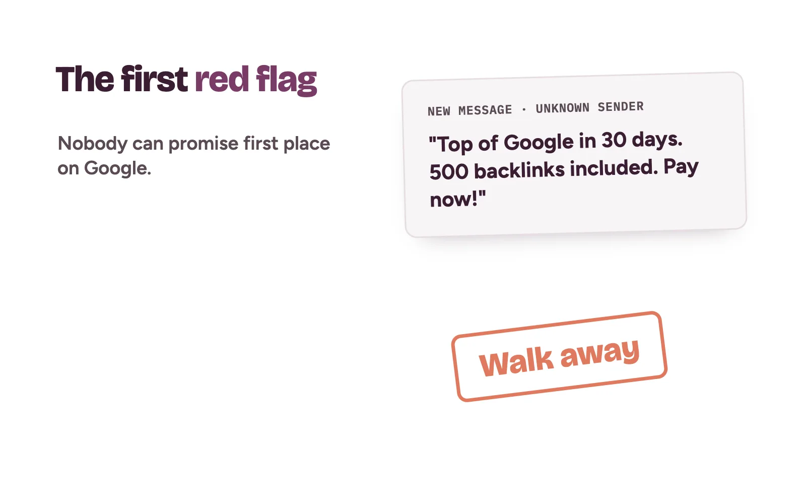 A cold message promising first place on Google, marked as a red flag for clinic owners