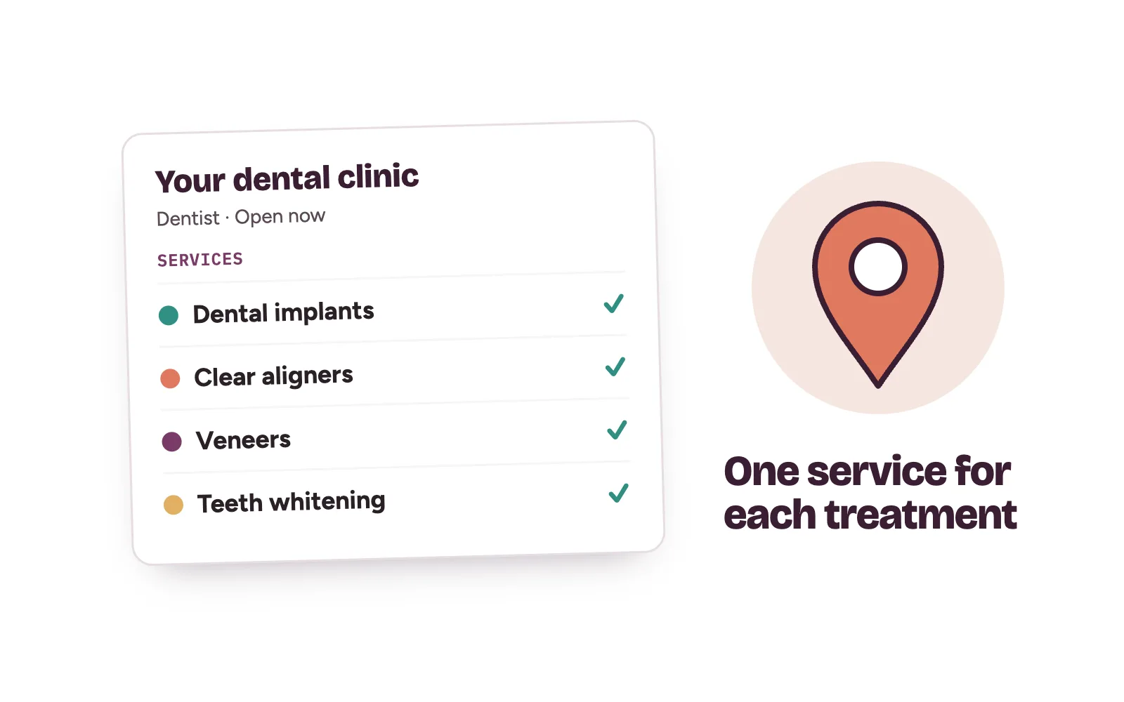 A dental clinic’s Google Business Profile listing implants, aligners, veneers and whitening as separate services