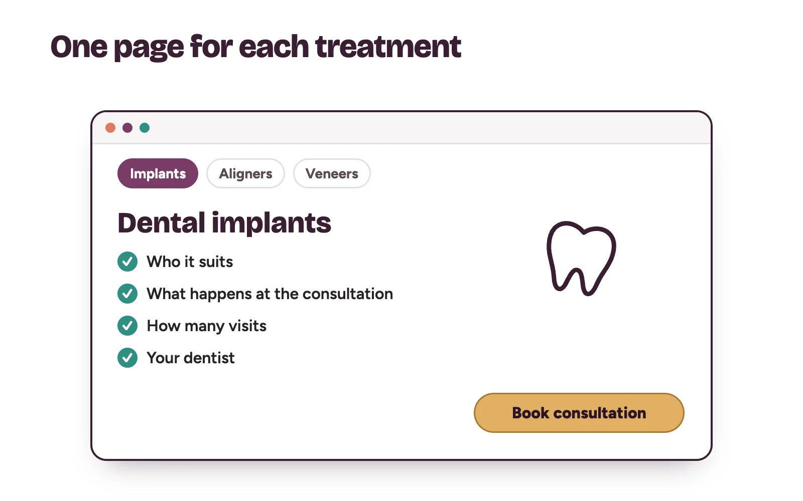 A dental clinic website with a dedicated implants page showing who it suits, the consultation steps and a Book consultation button