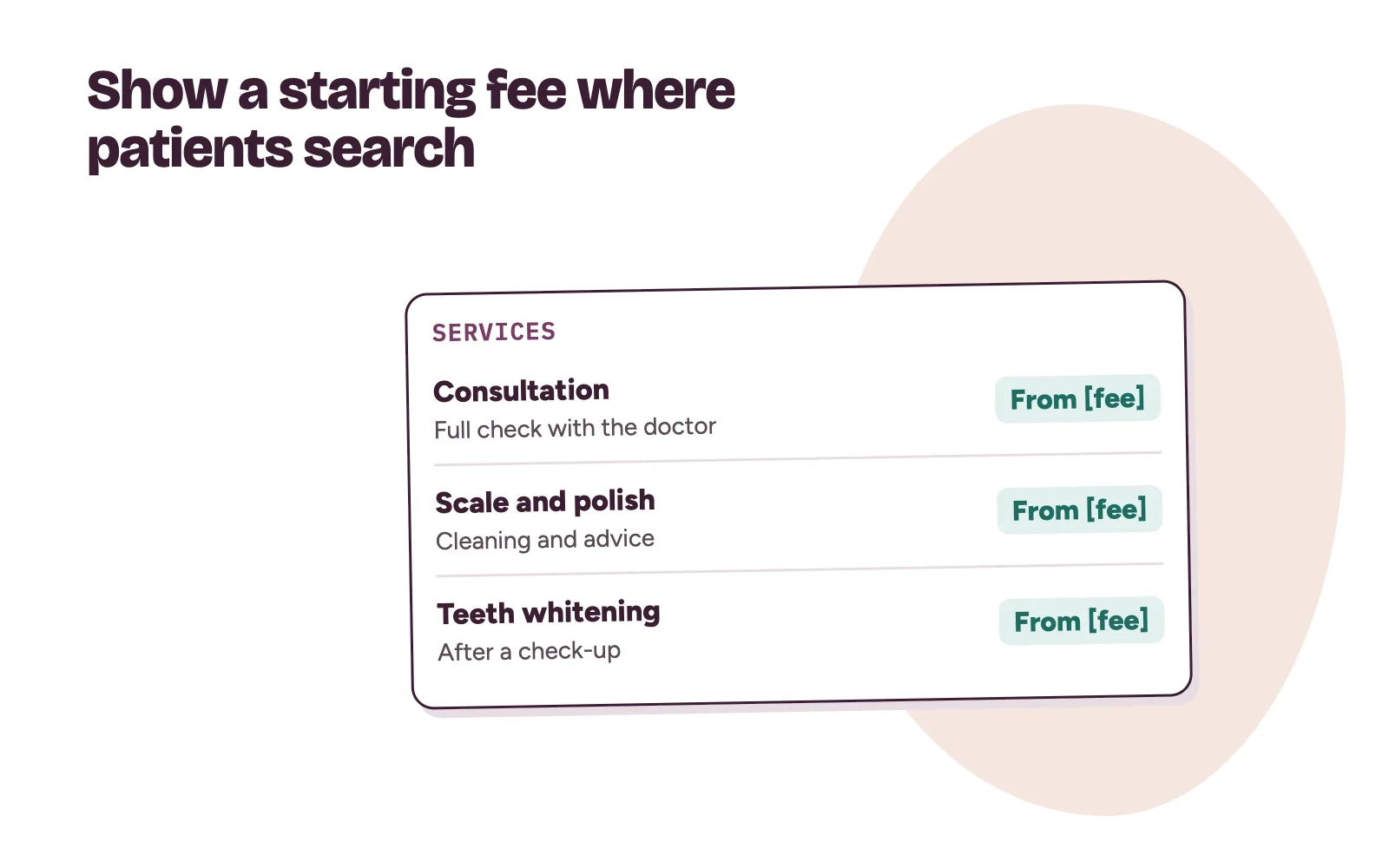 A Google-style business profile listing clinic services, each with a starting price and a short description