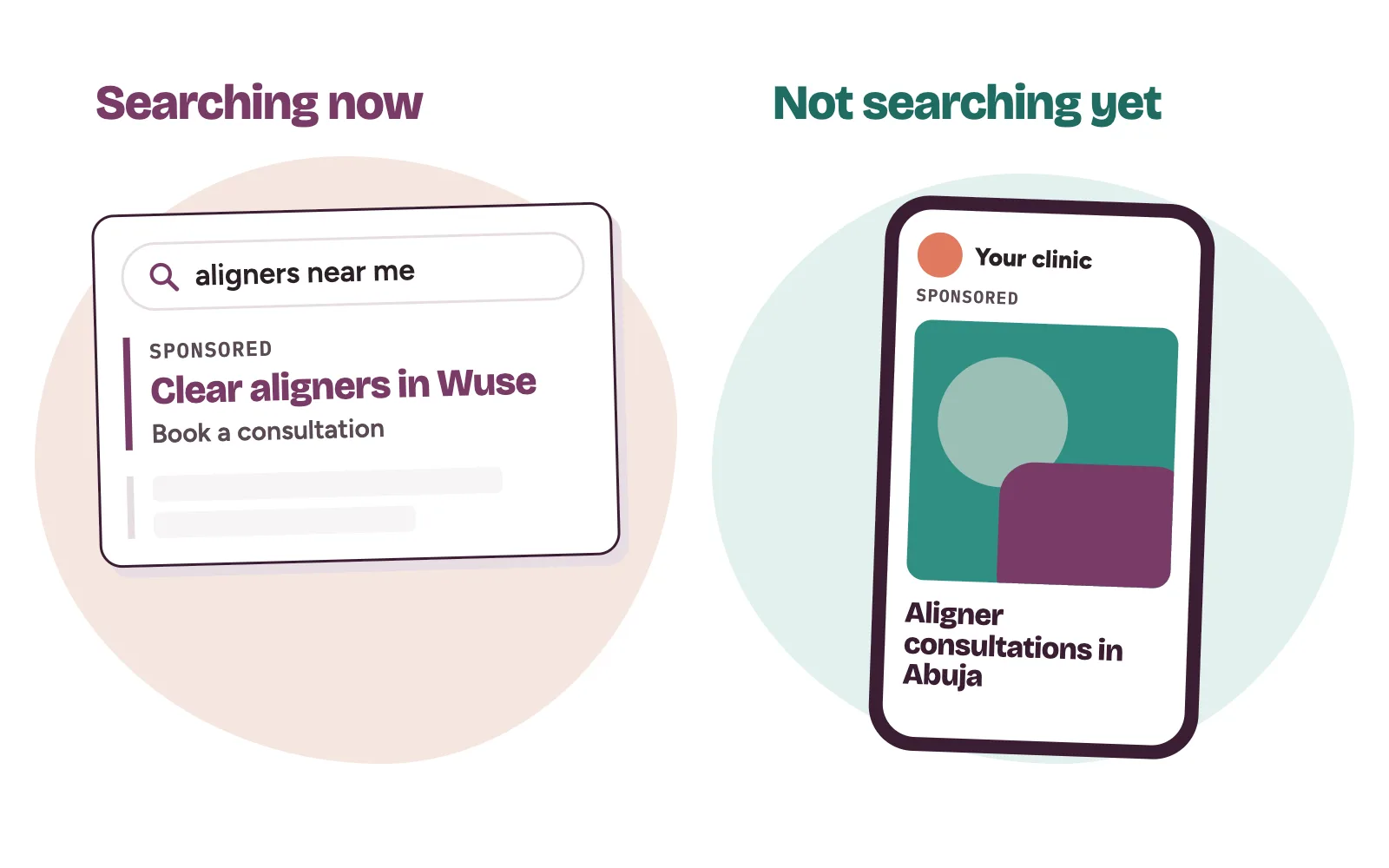 A Google-style search ad and an Instagram-style post side by side, each for one clinic treatment