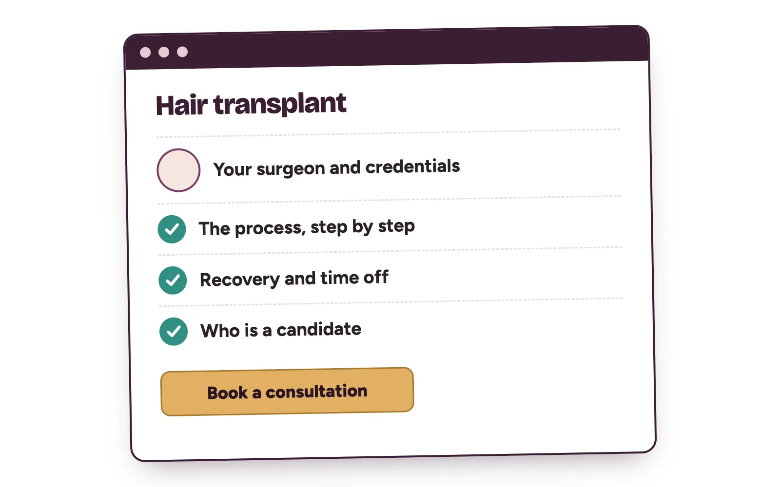 A hair transplant service page showing the surgeon, the process, recovery and a book consultation button