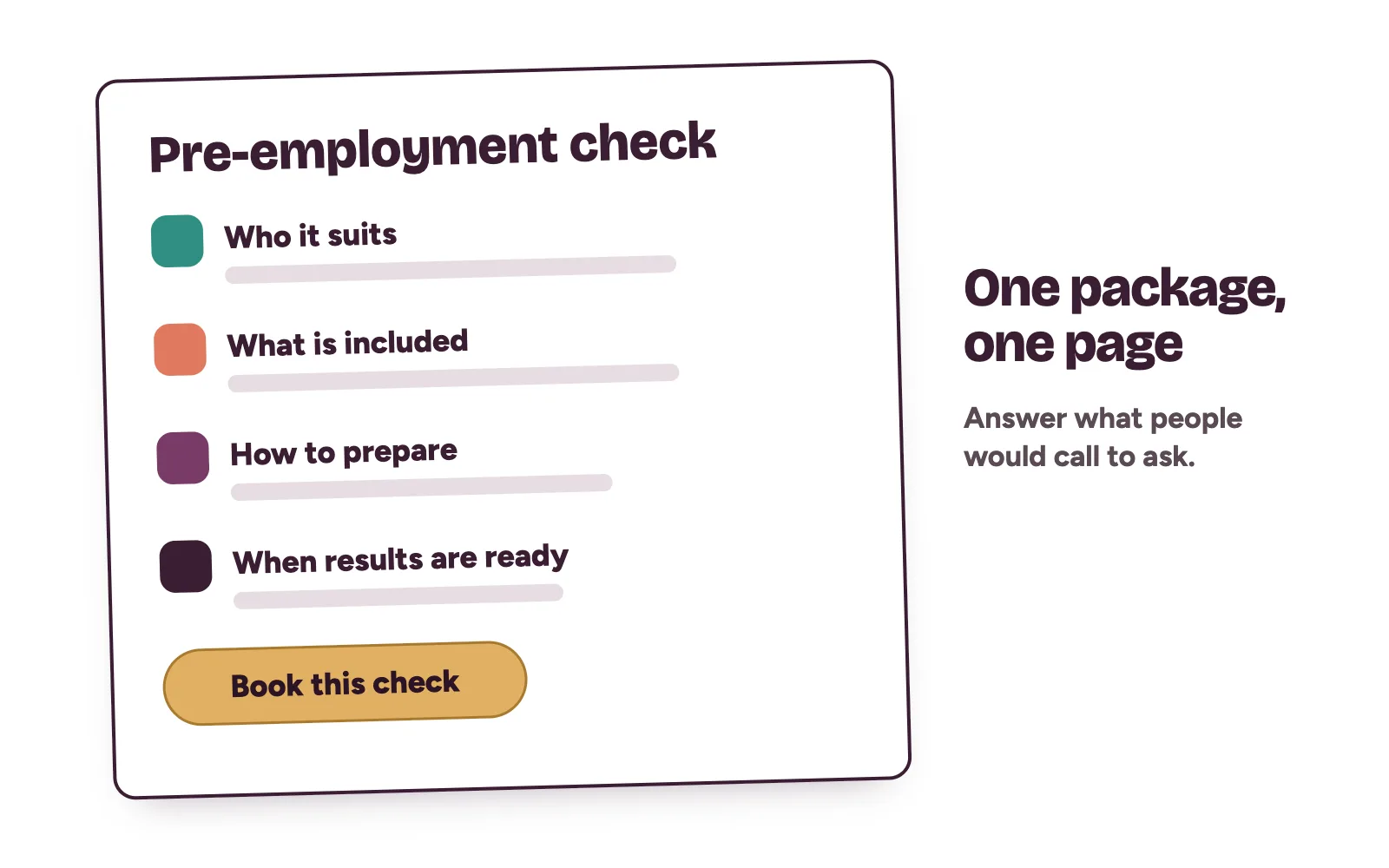 A health check package page for a lab showing who it suits, what is included, how to prepare and a book button