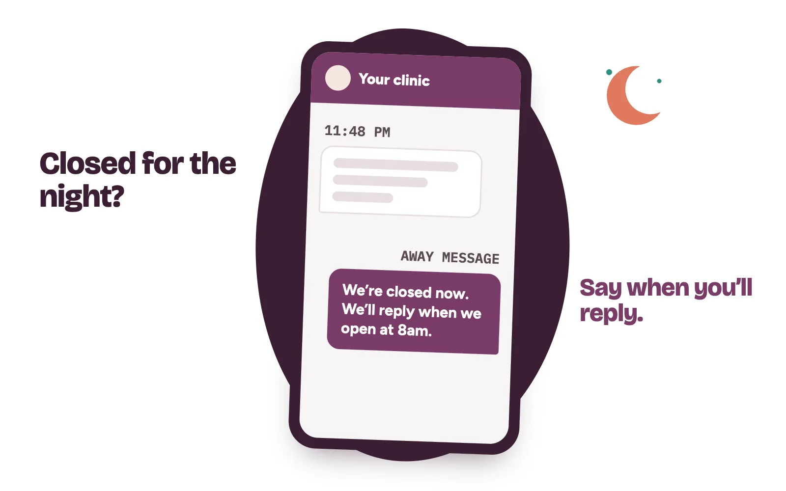 A late-night patient message on a clinic phone answered by an away message giving the morning reply time