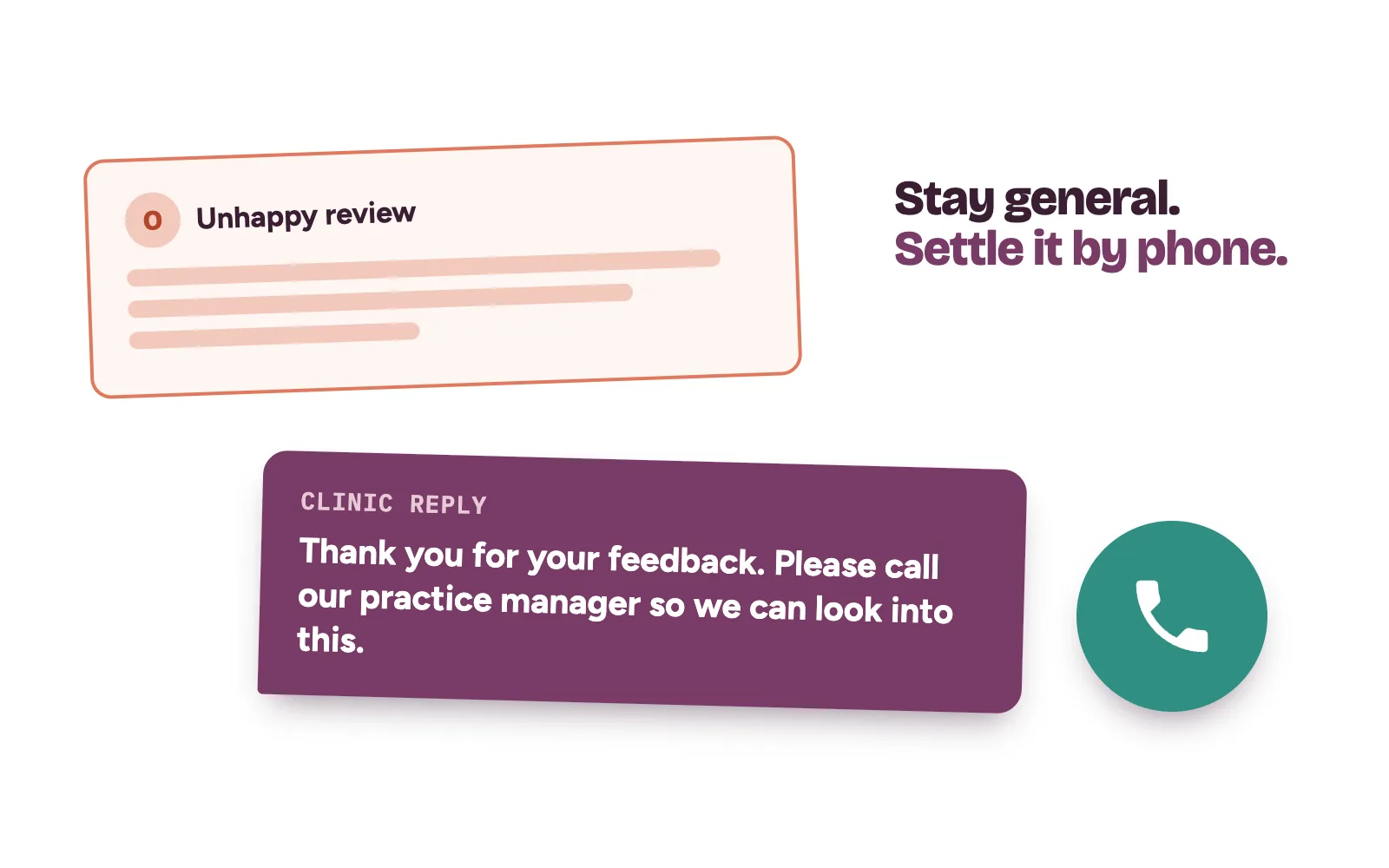 A negative Google review with a clinic reply that stays general and moves the conversation to a private phone call