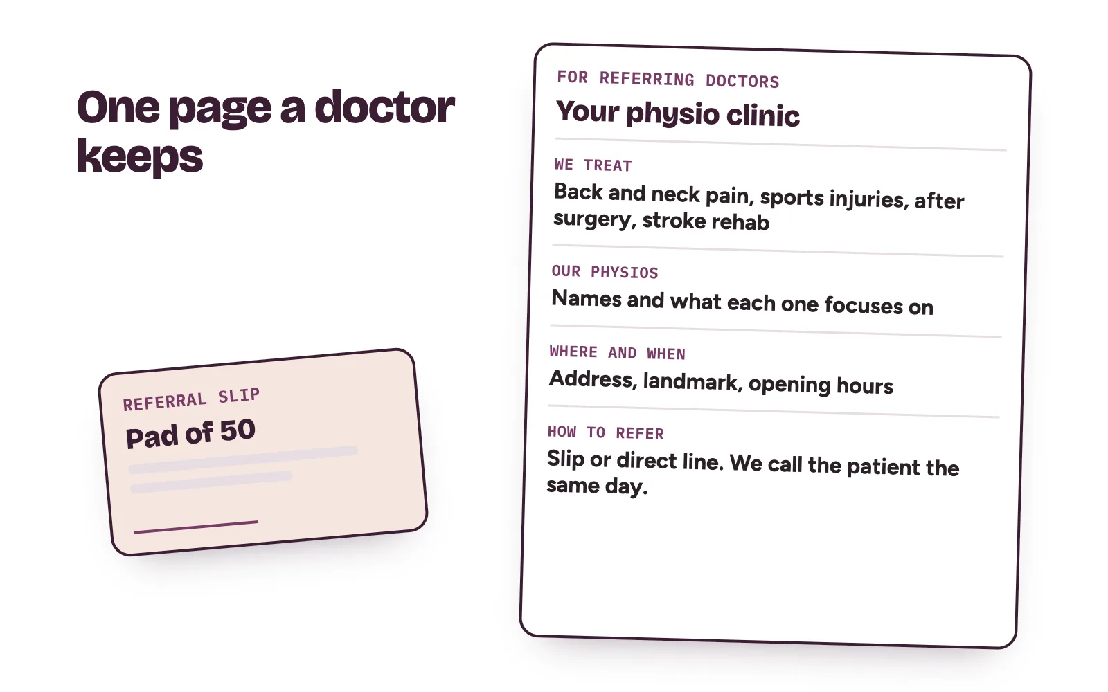 A one-page referral sheet for doctors: conditions treated, the physio team, location and hours, and how to refer