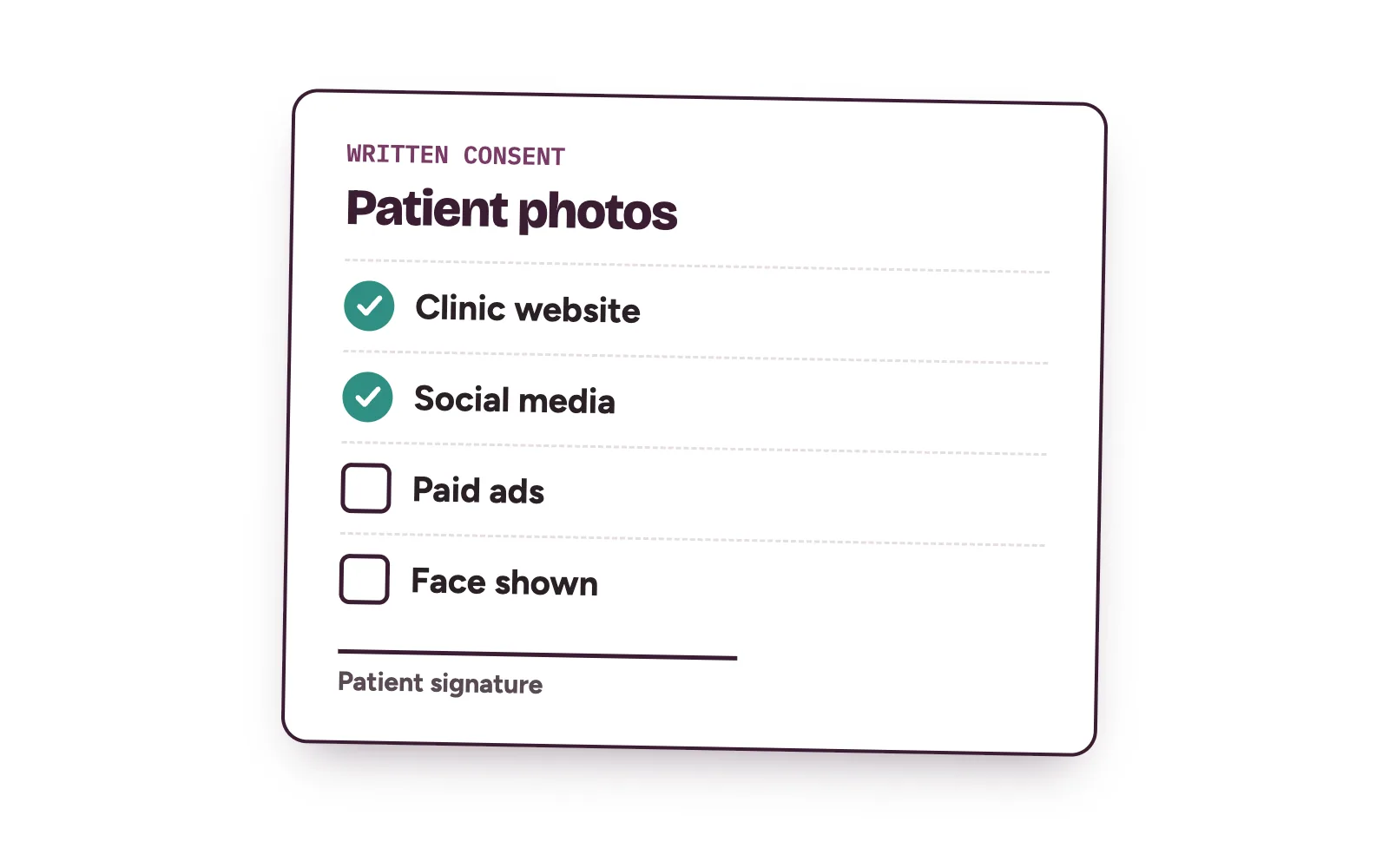 A patient photo consent form listing website, social media, ads and face shown, each with its own tick box