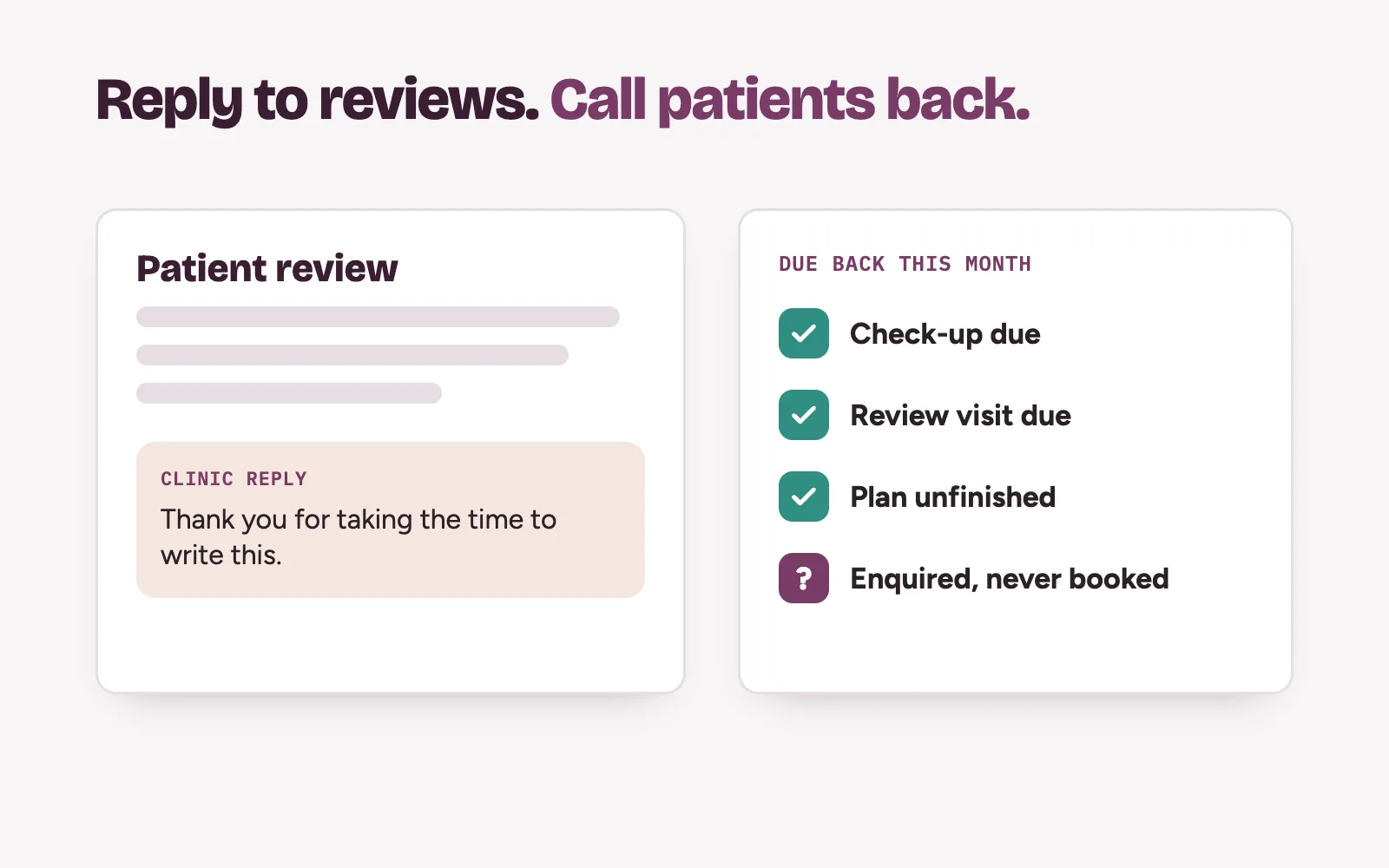 A patient review with a clinic reply beside a recall list of patients due back for a visit