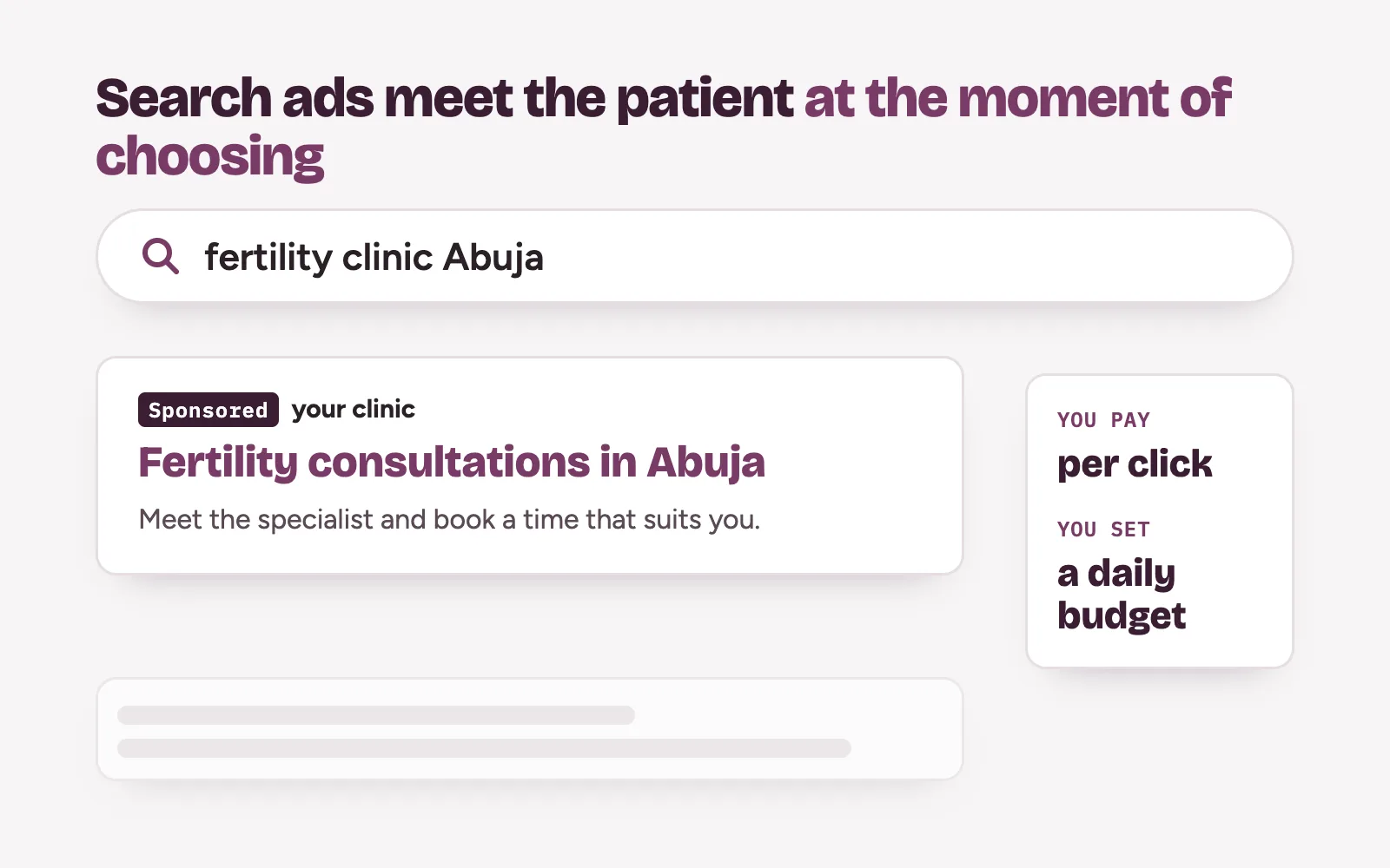 A patient searching for a treatment near them and seeing a clinic's Search ad above the results