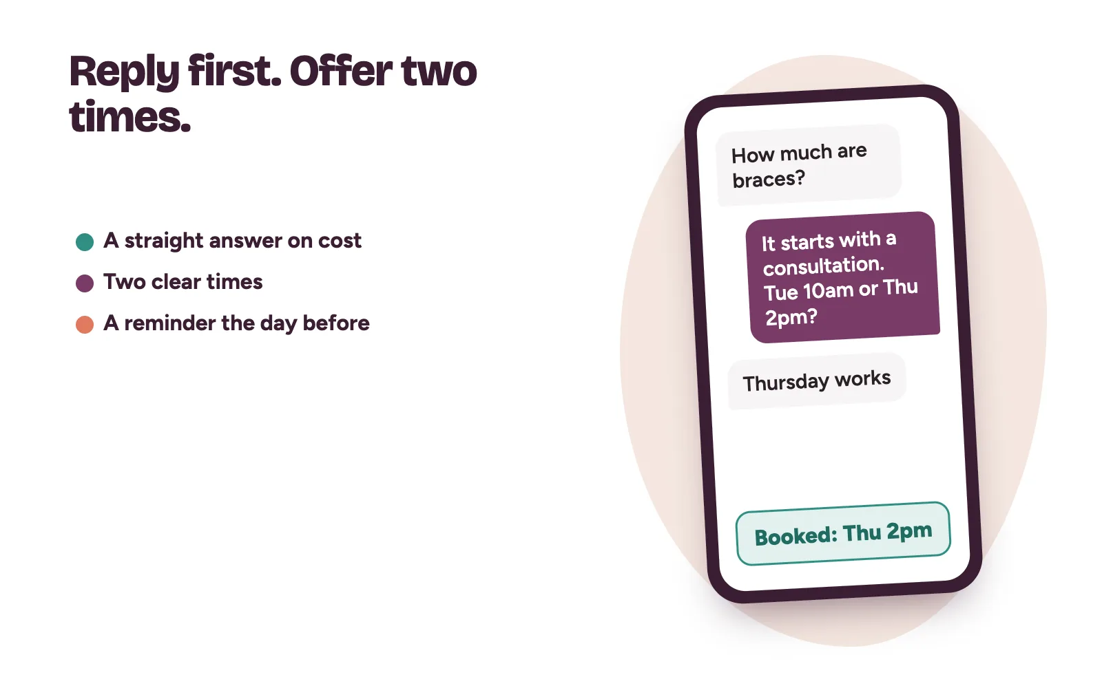 A phone chat where a patient asks about braces and the dental clinic replies with a starting point and two consultation times