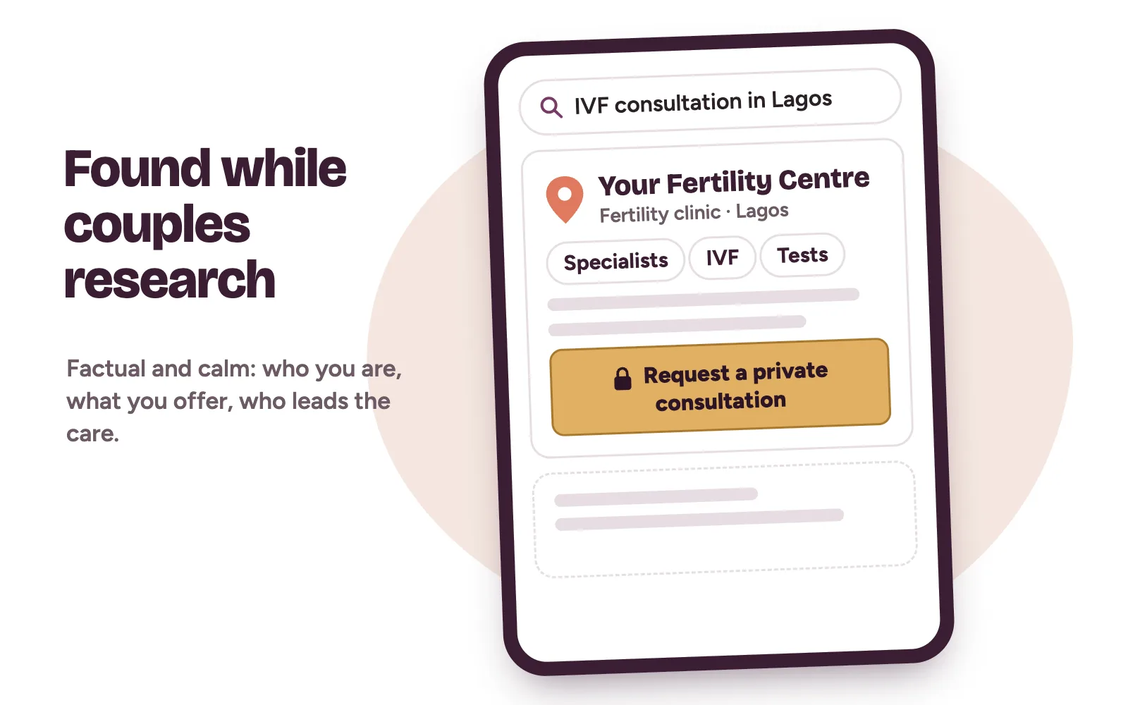 A phone search for an IVF consultation in Lagos showing a calm, factual fertility centre listing with specialists, services and a private consultation button