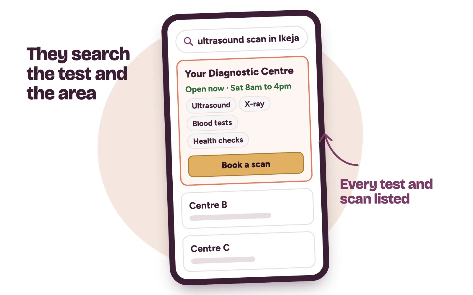 A phone search for an ultrasound scan in Ikeja with a diagnostic centre listing showing scans, opening hours and a book button