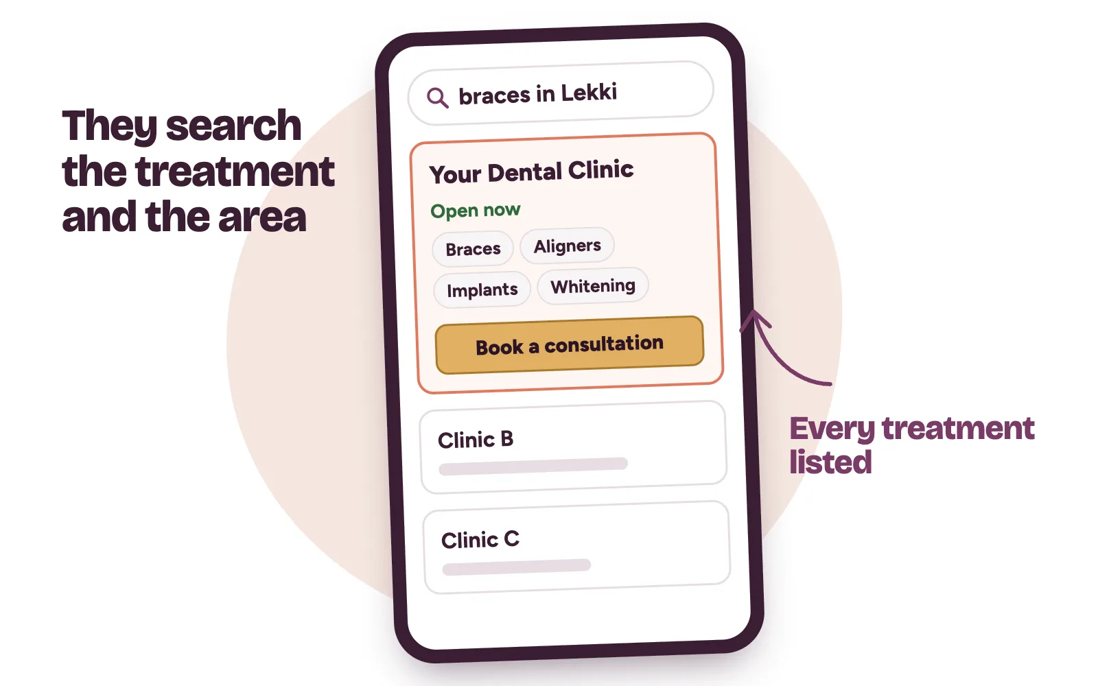 A phone search for braces in Lekki with a dental clinic listing showing treatments, opening hours and a book button