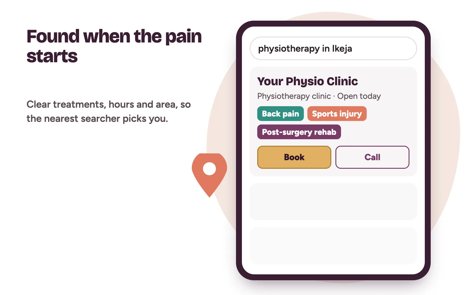 A phone search for physiotherapy in Ikeja showing a physio clinic listing with back pain, sports injury and rehab treatments and a book button