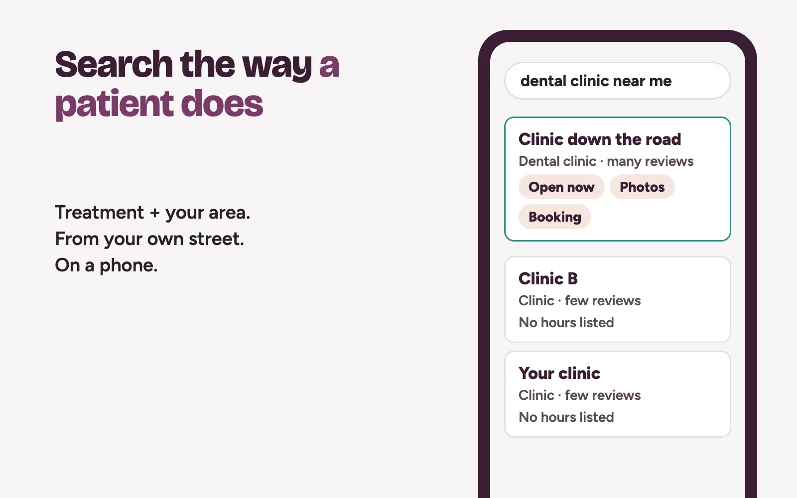 A phone search showing why a competitor clinic gets more patients: three local clinic results with one listing far fuller than the others