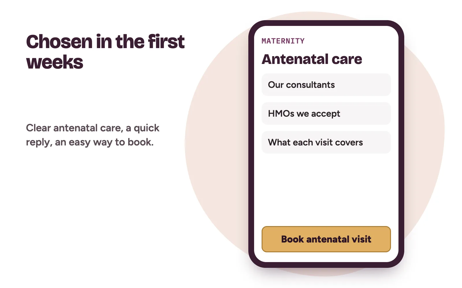 A phone showing a private hospital maternity page with antenatal care, consultants, HMOs accepted and a book antenatal visit button