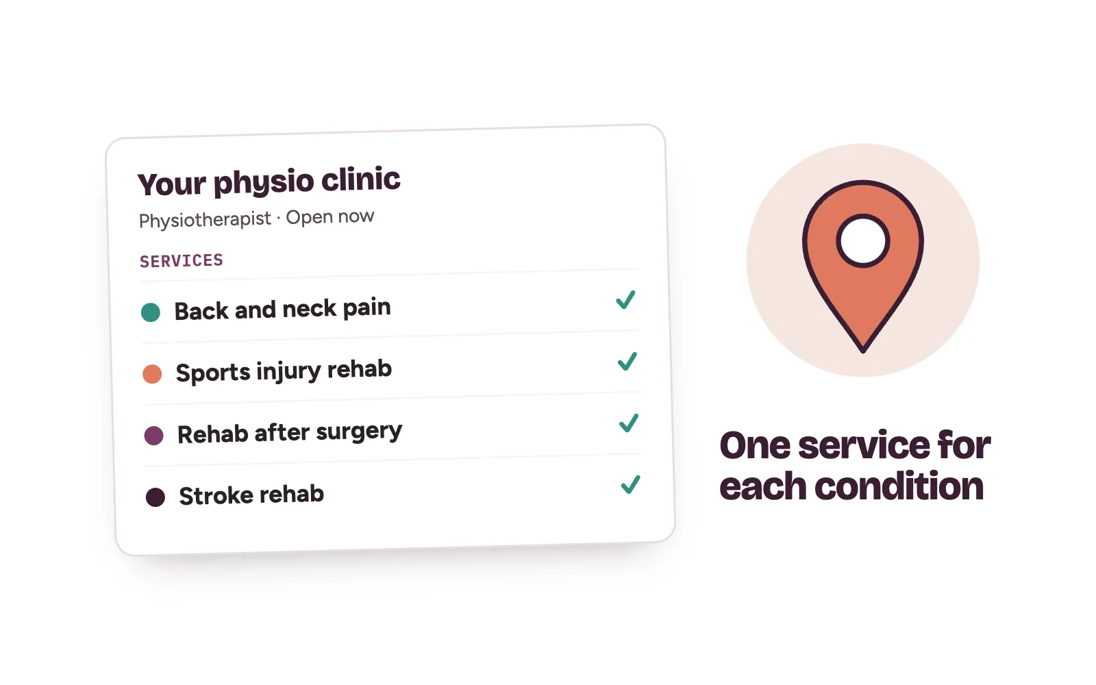 A physiotherapy clinic’s Google Business Profile listing back pain, sports injury rehab, rehab after surgery and stroke rehab as separate services