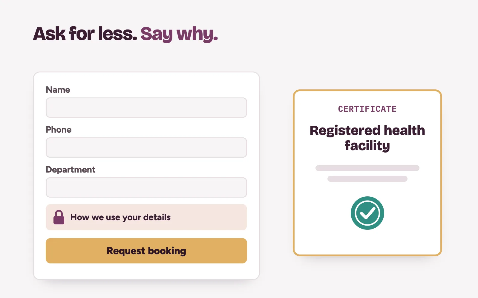 A short hospital booking form with a privacy note and a registered facility certificate beside it
