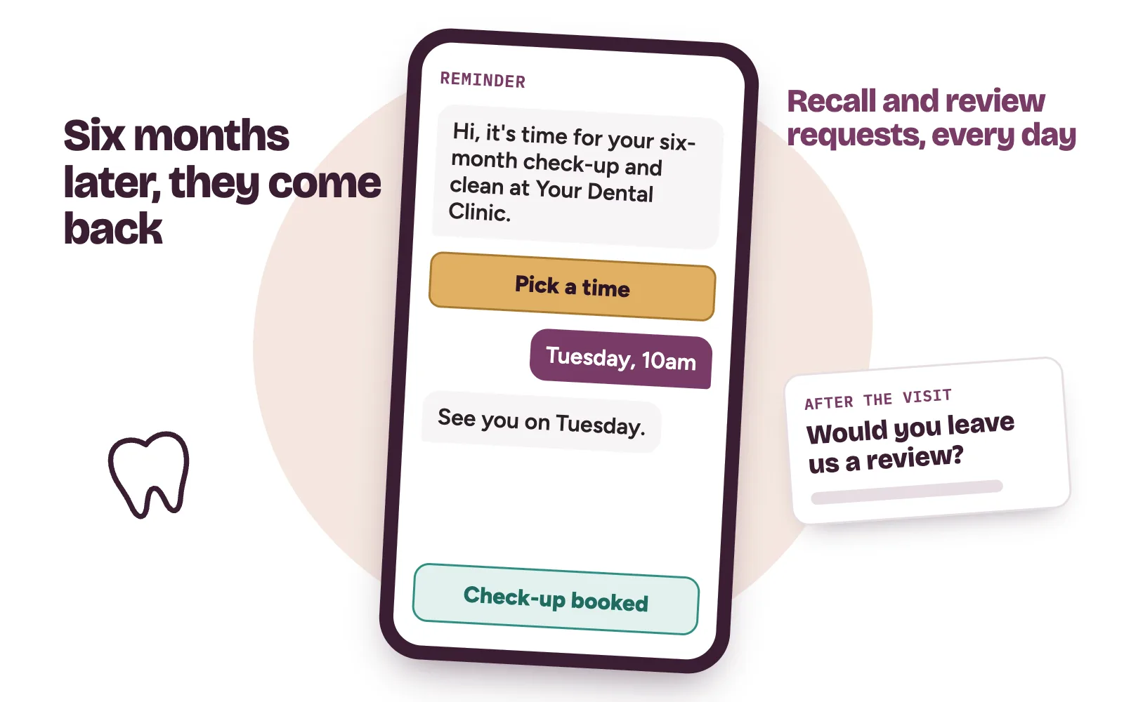 A six-month check-up reminder on a phone, a pick-a-time button and a follow-up review request card from the dental clinic