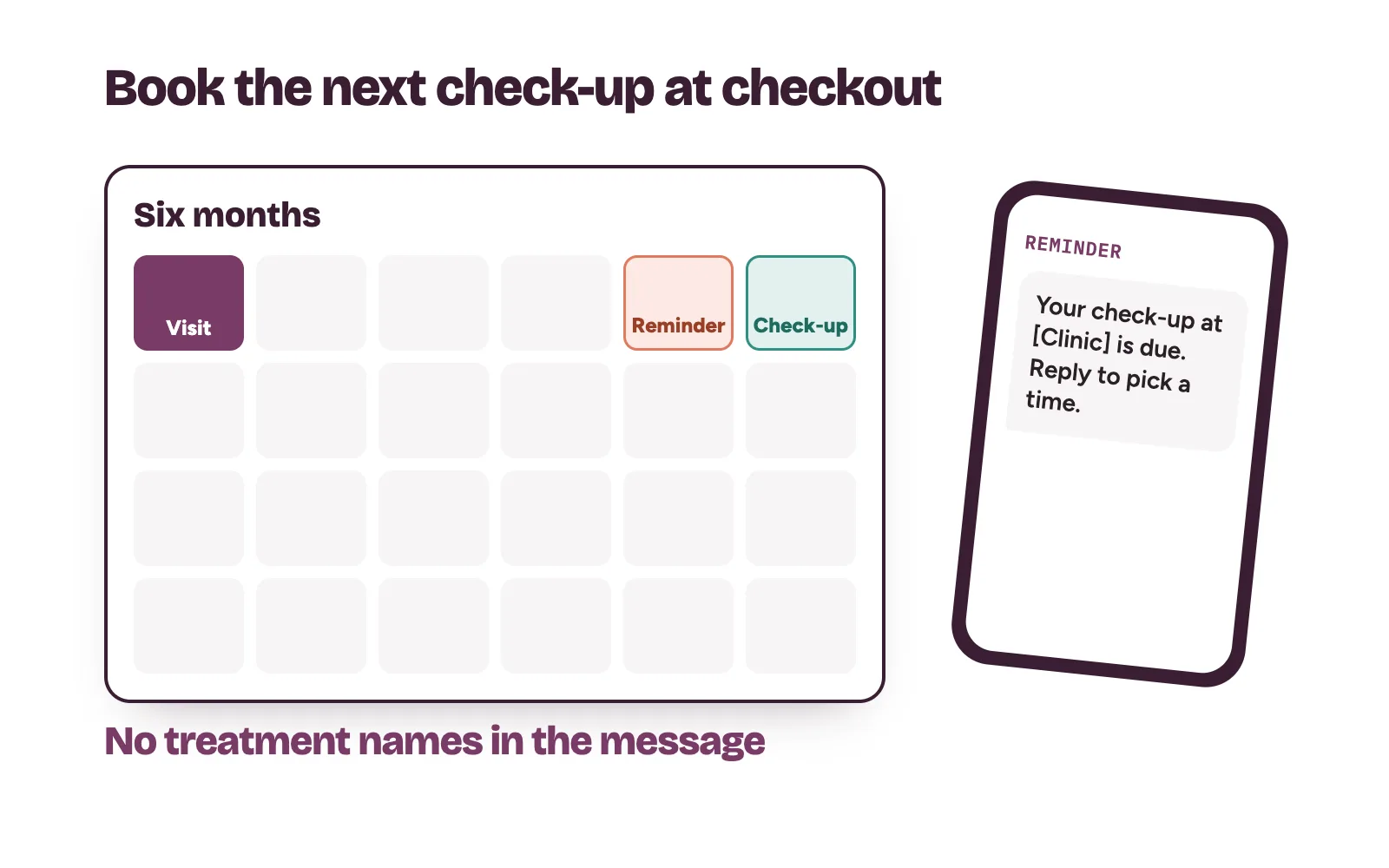 A six-month dental recall calendar with a reminder sent before the check-up date and the next visit booked at checkout