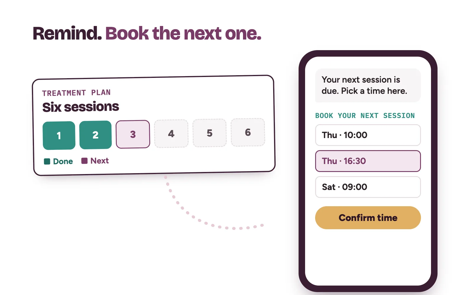 A six-session physiotherapy plan with a reminder linking to the next session booking page
