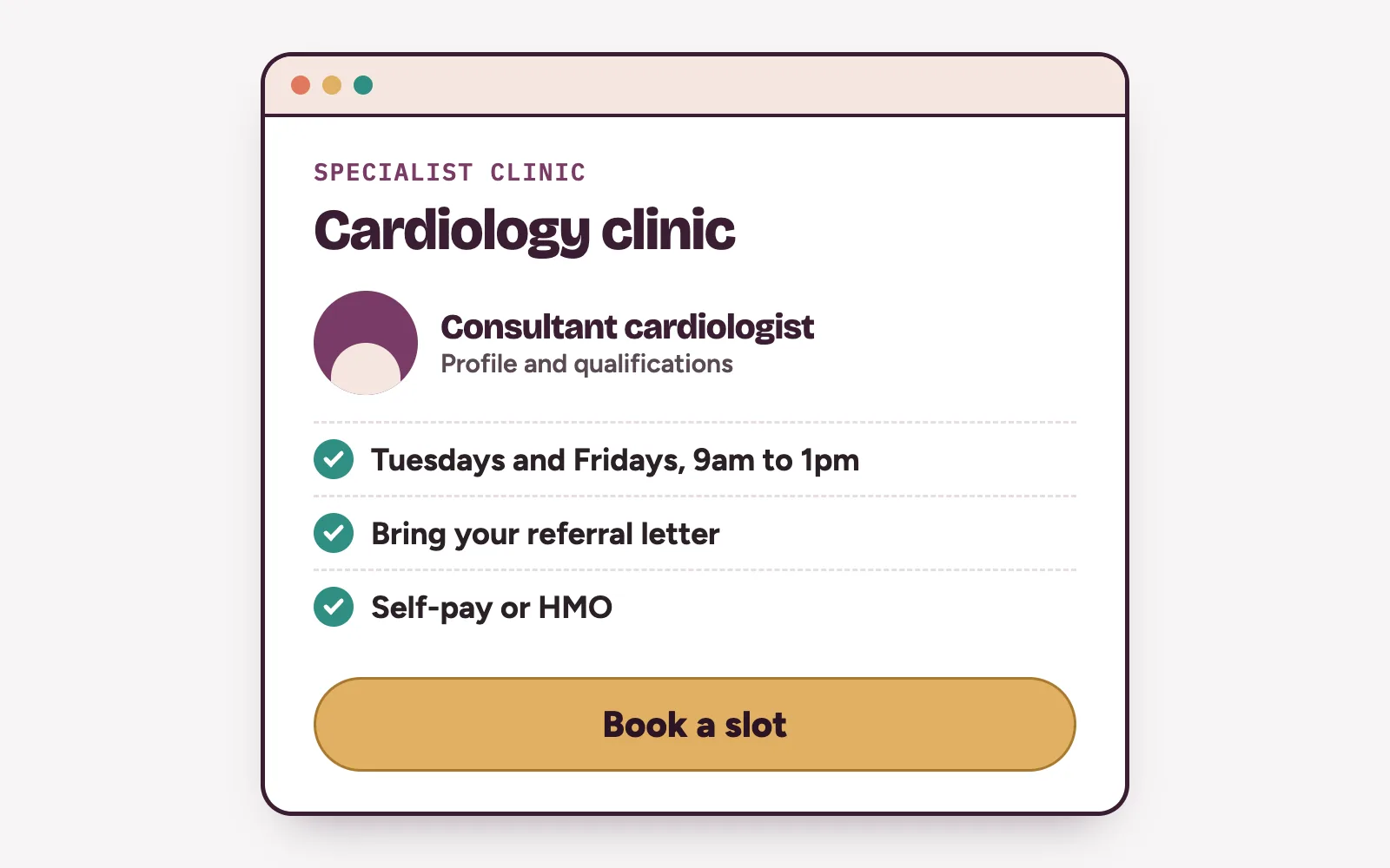 A specialist clinic web page showing the consultant, clinic days, what to bring and a single Book a slot button