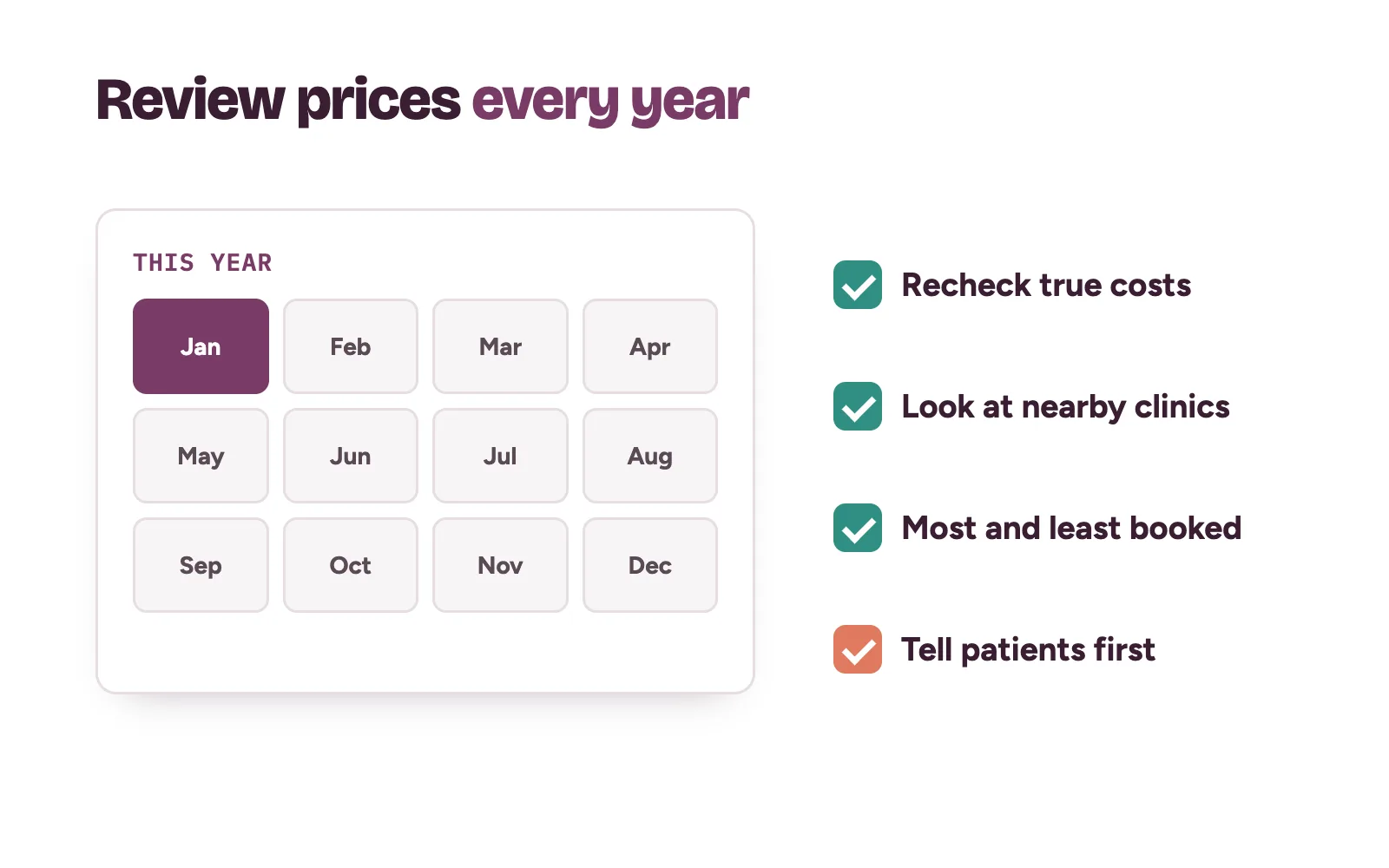 A yearly price review calendar with checks for costs, nearby clinics and the most booked services