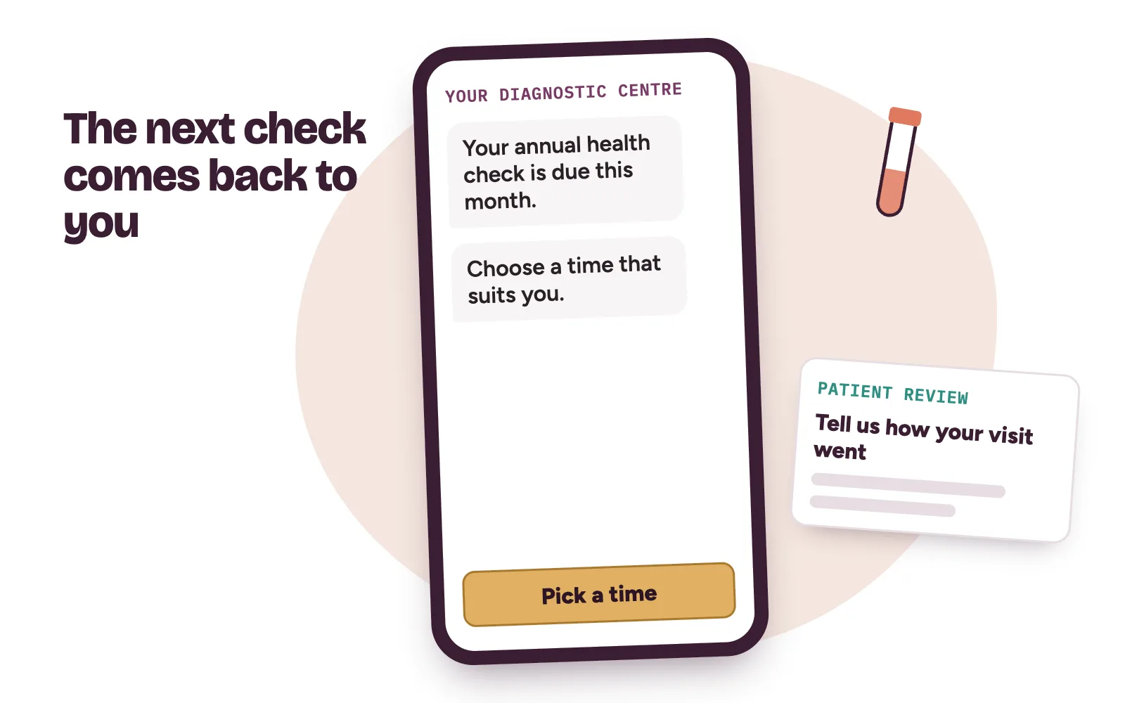 An annual health check reminder on a phone with a pick-a-time button and a review request card from the diagnostic centre