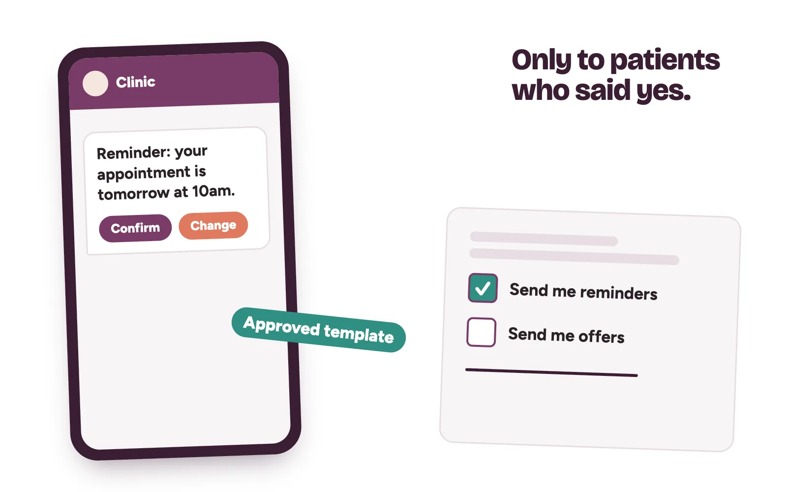 An approved appointment reminder template on a patient’s phone beside a signed opt-in box on a clinic registration form