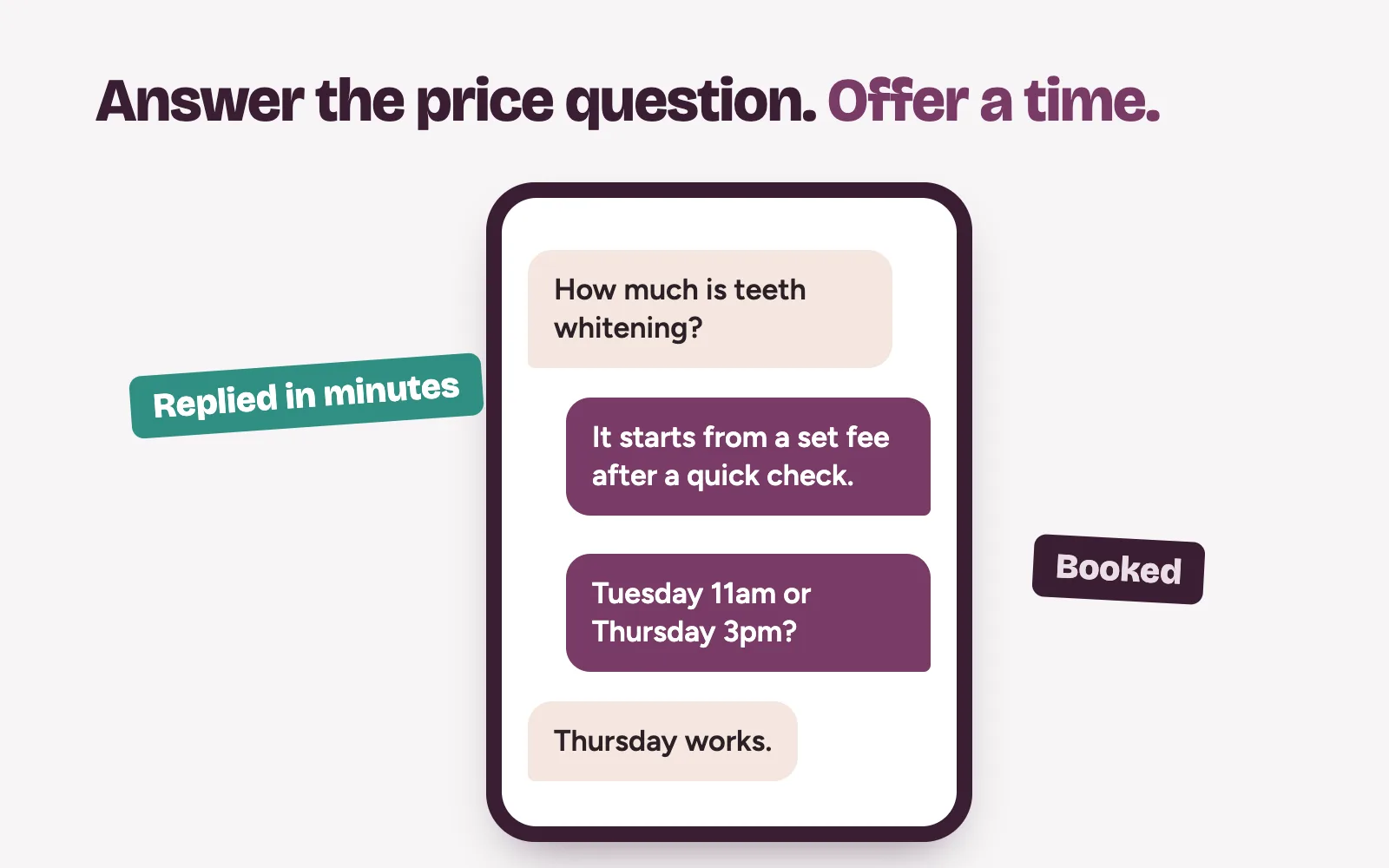 An Instagram message asking about price, answered quickly with a price range and two consultation times