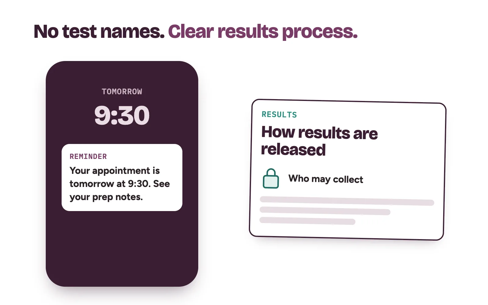 Appointment reminder on a phone that names no test, next to a results page explaining private collection