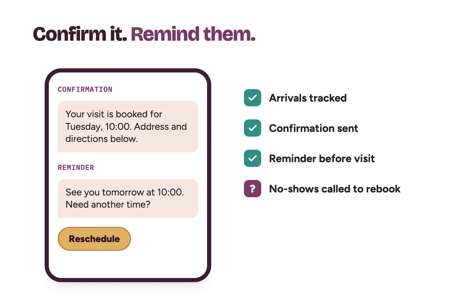 Booking confirmation and visit reminder messages sent to a clinic patient before the appointment