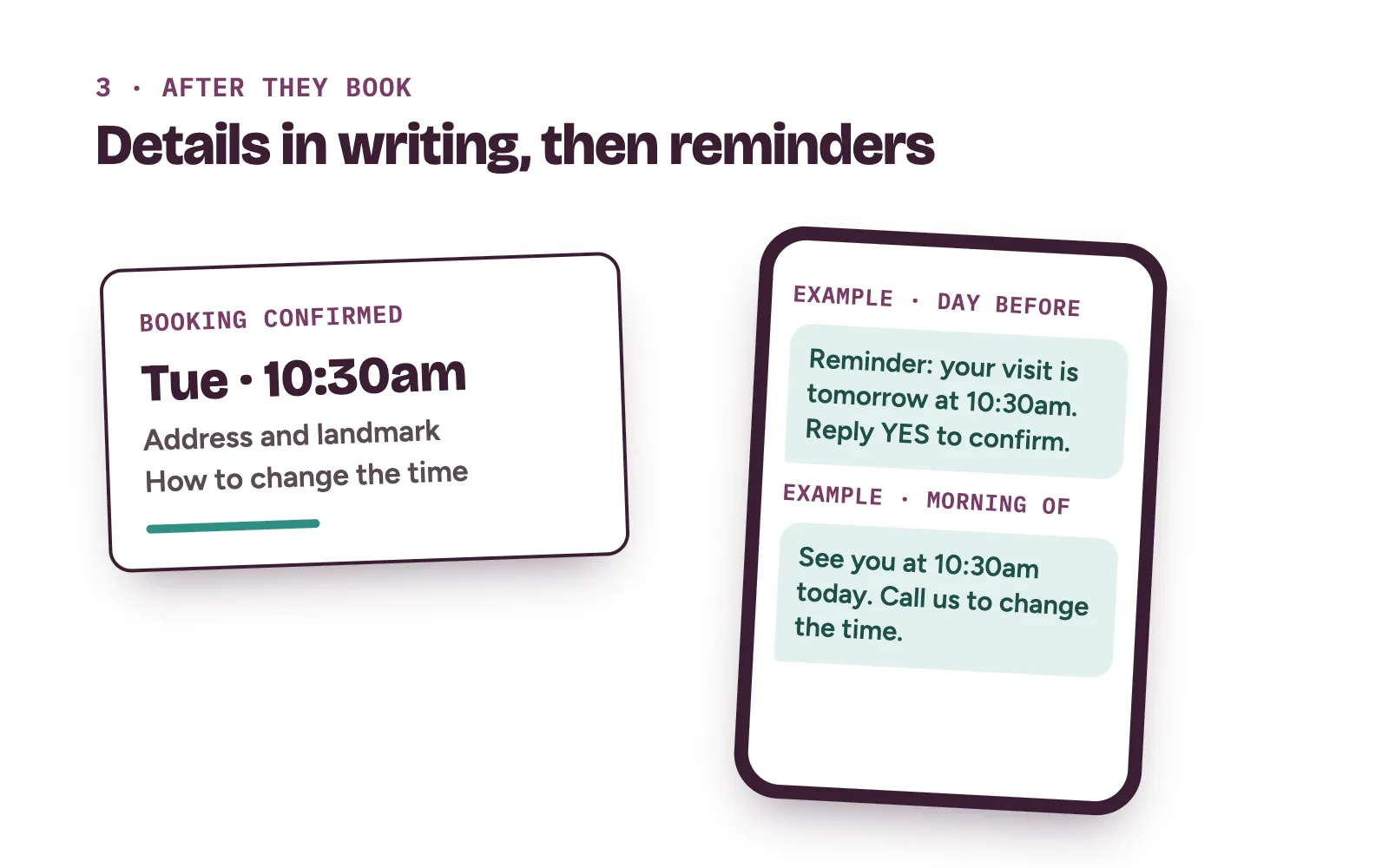 Booking confirmation and visit reminder on a patient’s phone, with date, time and a way to change it