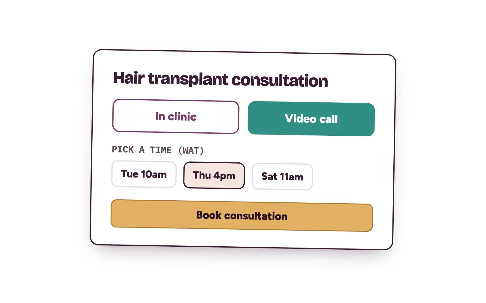 Booking options for a hair transplant consultation: in clinic or by video, with times to choose from