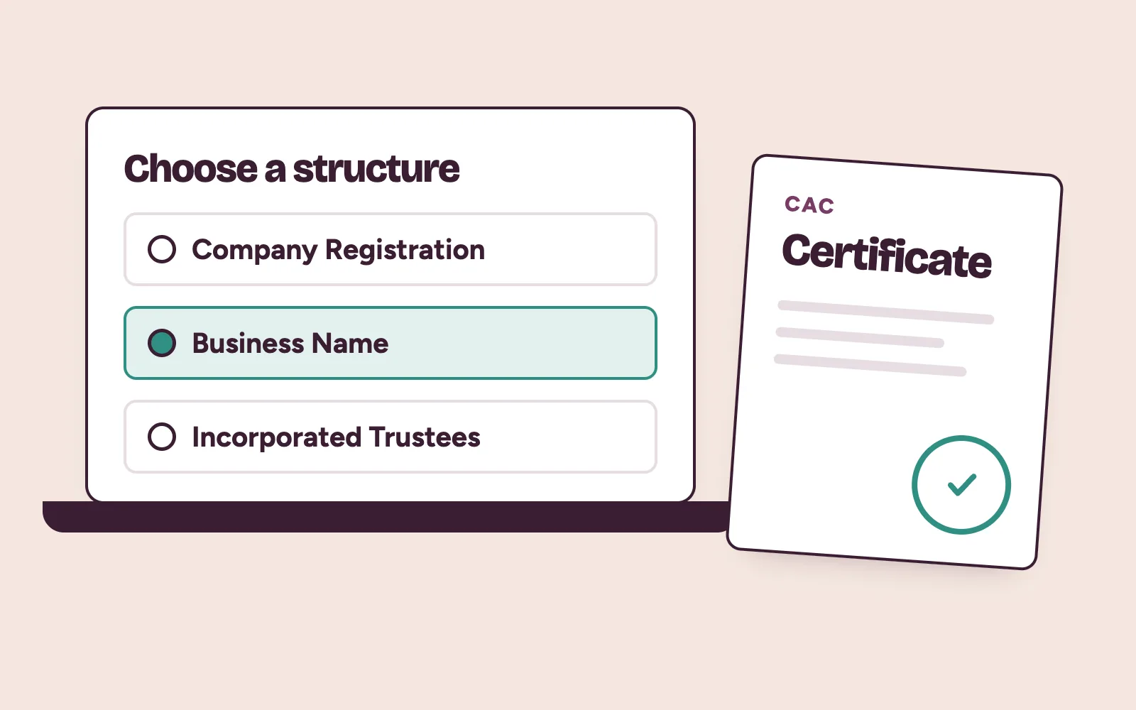 CAC certificate beside a laptop showing the three CAC registration types for a new Abuja clinic