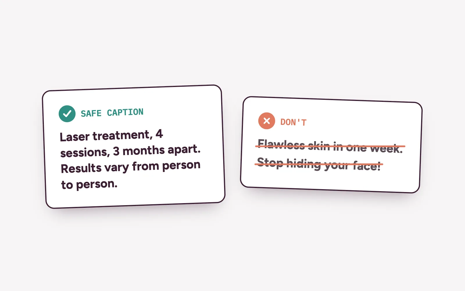 Caption examples: a safe caption with treatment name, sessions and results vary, next to a crossed-out caption promising results in a week