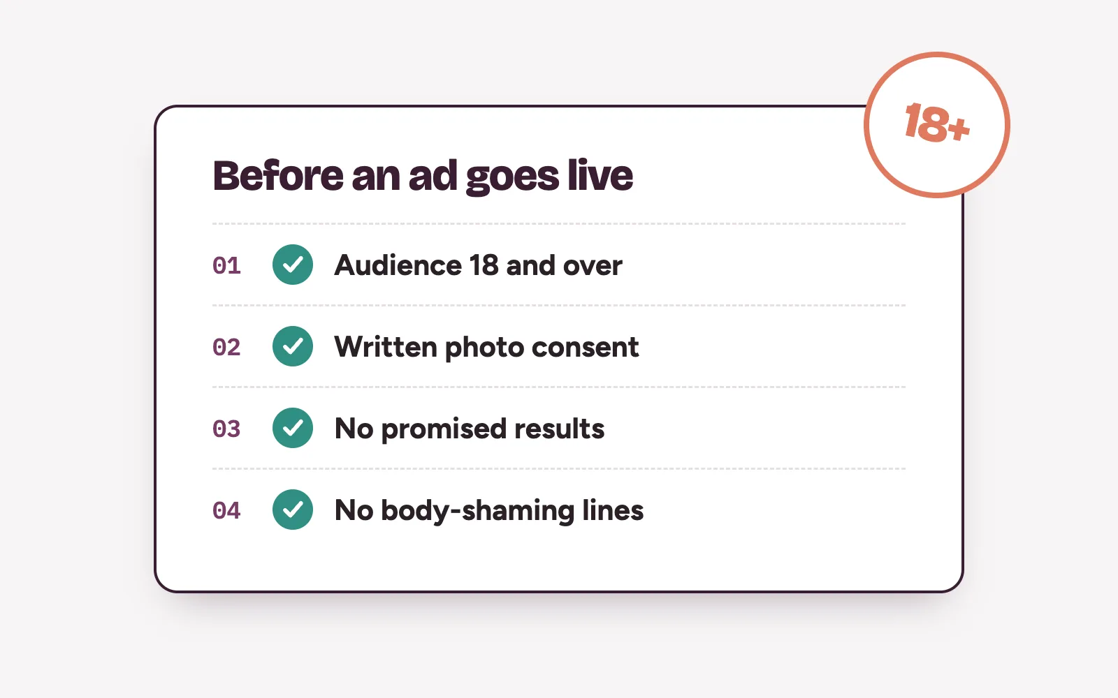 Checklist for aesthetic clinic ads: 18 and over audience, written photo consent, no promised results, no body-shaming lines