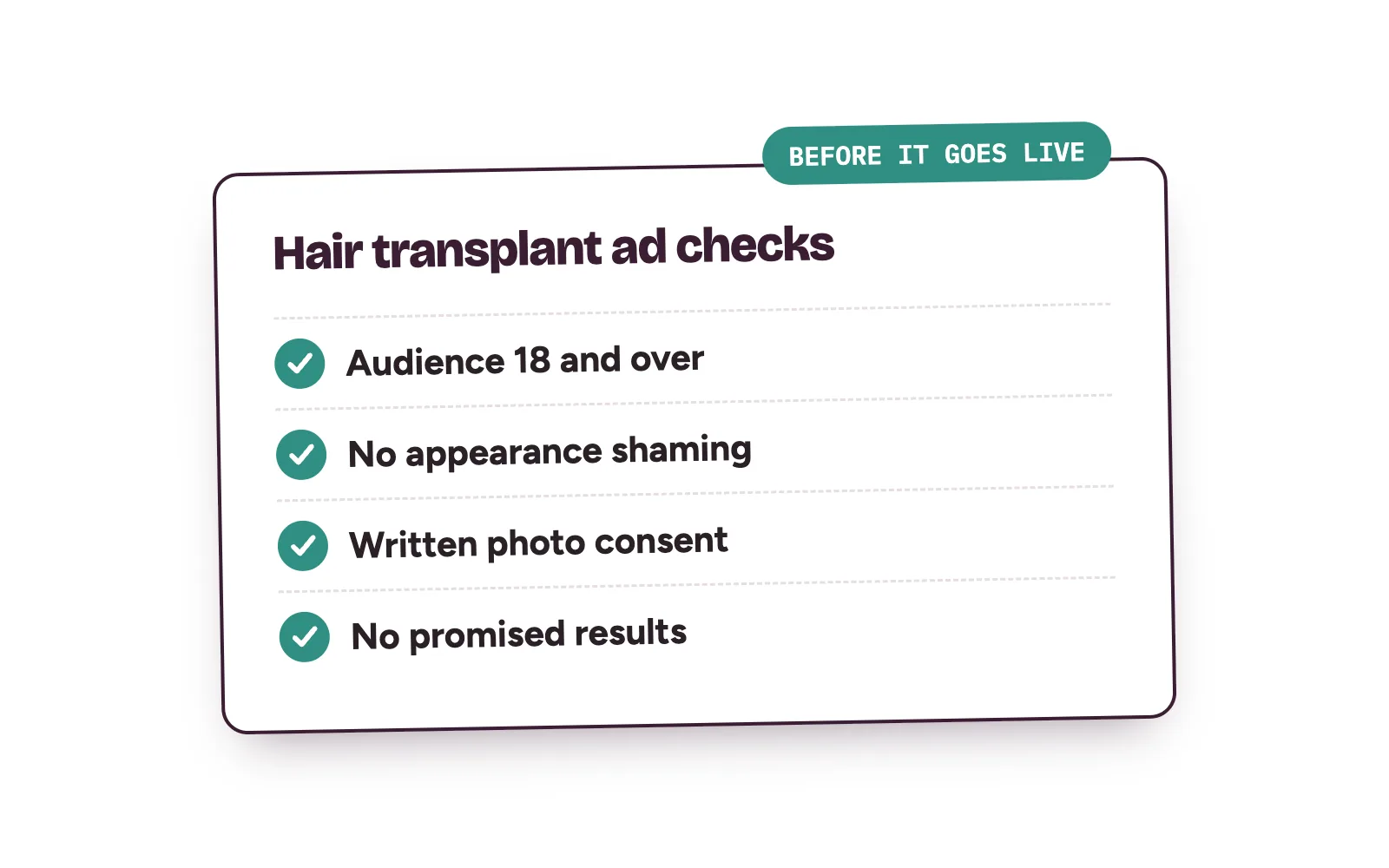 Checklist for hair transplant ads: audience 18 and over, no appearance shaming, written photo consent, no promised results