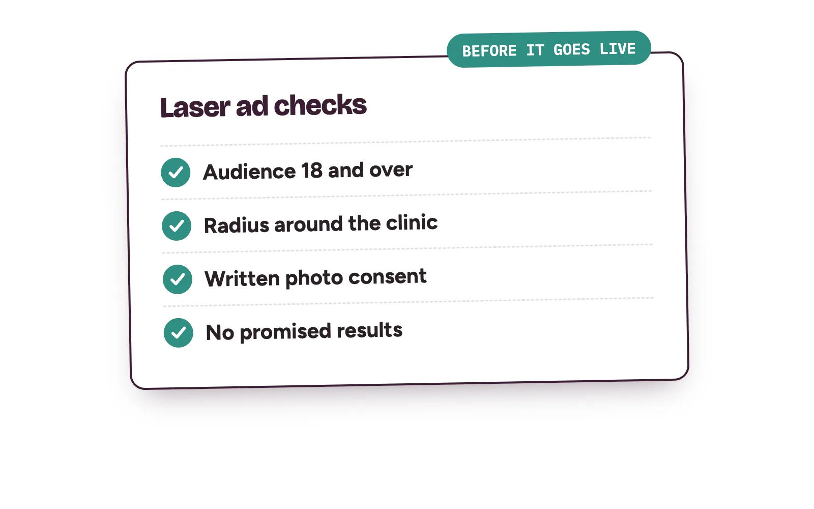 Checklist for laser hair removal ads: audience 18 and over, area radius, written consent, no promised results