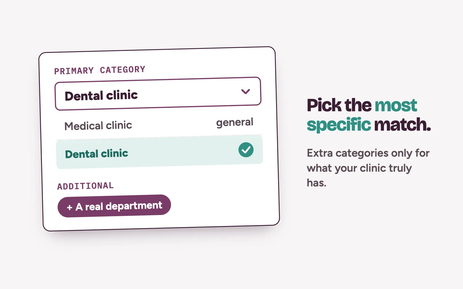 Choosing a specific primary category for a clinic’s Google Business Profile, with one additional category added