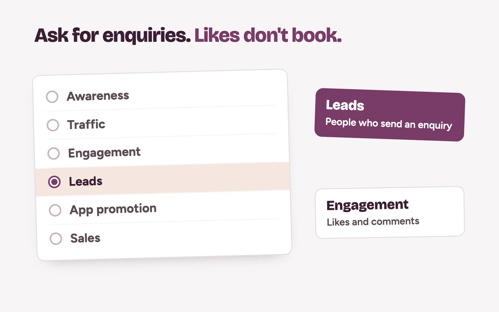 Choosing the Leads objective in Meta Ads Manager over Engagement for a clinic campaign