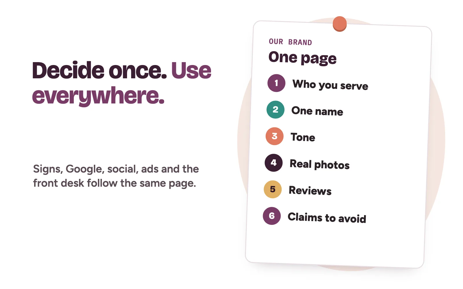 Clinic brand strategy on one page: who you serve, one name, tone, real photos, reviews and claims to avoid